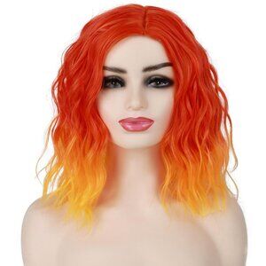 Orange Curly Wigs For Women Flame Fire Color Side Part Short Wavy Bob Wig
